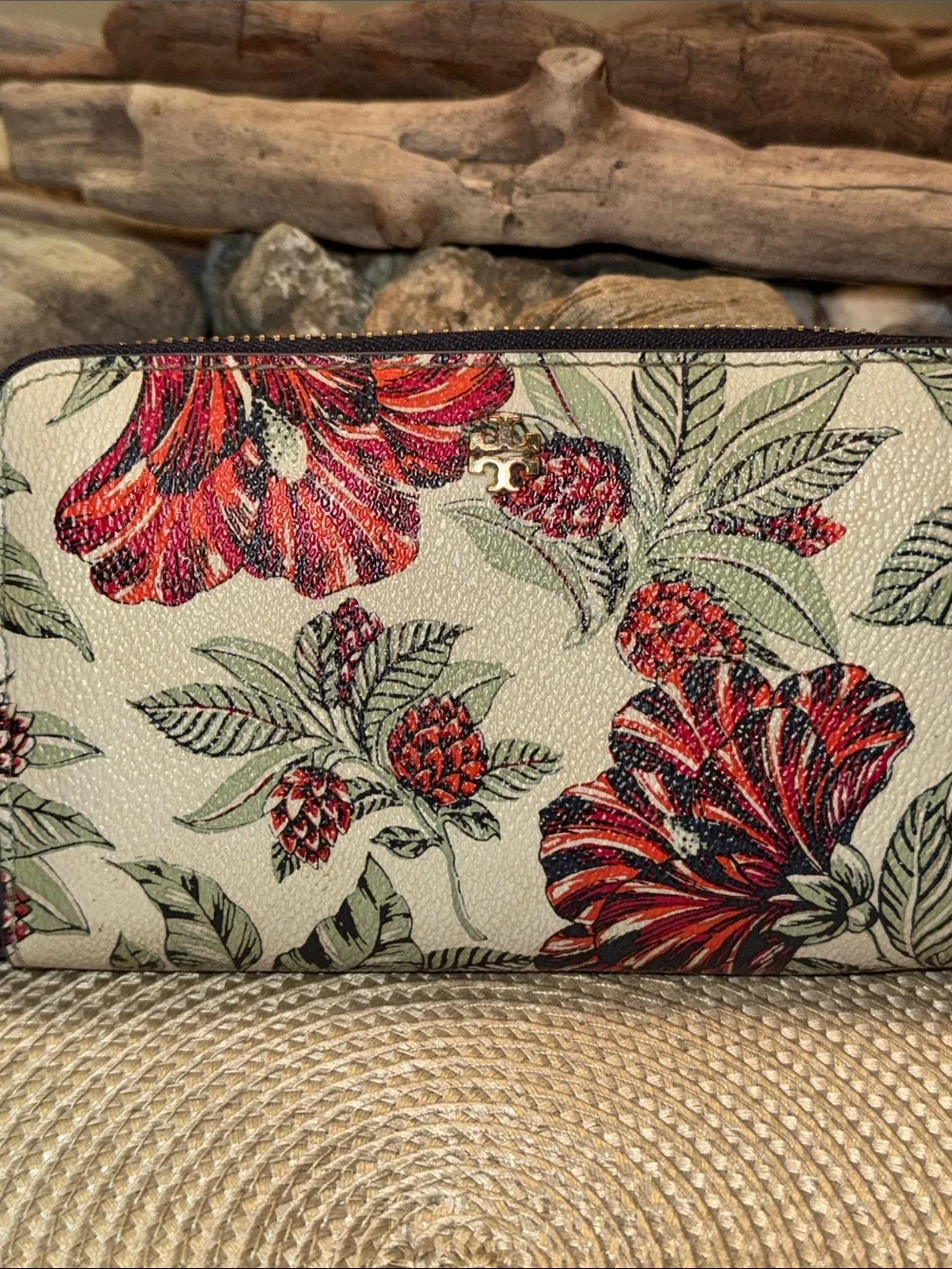 Tory Burch Cream Floral Zip Wristlet with Red Accents